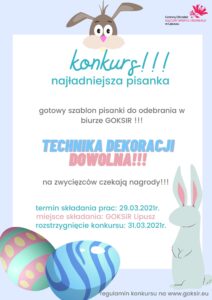 Plakat konkursu najładniejsza pisanka. Na liliowym tle znajduje się biała kartka z informacjami dotyczącym konkursu. W lewym dolnym rogu znajdują się dwie psanki , z prawej strony znajduje się zając