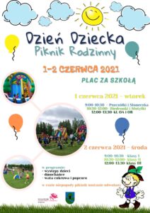 Plakat zachęcający do udziału w pikniku rodzinnym z okazji dnia dziecka, tło jest białe, u góry są rysowane słońce i chmury oraz nazwa wydarzenia, niżej data i miejsce, na środku i na dole program oraz zdjęcia z różnych wydarzeń, na dole po prawej narysowany remus a po lewej logo GOKSiR i herb Gminy Lipusz