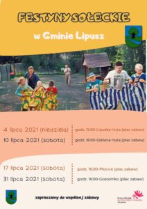 Plakat informujący o festynach sołeckich, ma kolorstyke żółto-różową, u góry jest napis i herb Gminy Lipusz, niżej są zdjęcia uczestników festynów, na dole jest ich spis i loga patronów
