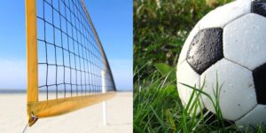 widać siatkę do siatkówki plażowej oraz piłkę na trawie
