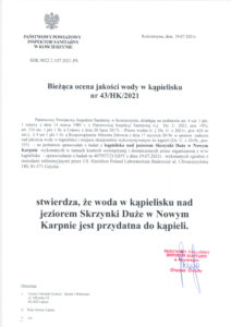 Bieżąca ocena jakosci wody w kąpielisku nr 43/HK/2021