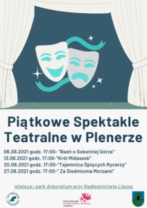 Plakat zachęcający do udziału w piątkowych spektaklach teatralnych, u góry jest rysunek sceny z maskami, na środku są daty spektakli i miejsce, niżej są patroni