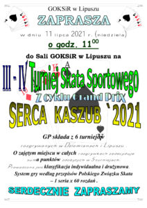 Plakat zapraszający na III-IV Turniej Skata Sportowego, tło jest białe z elementami kart na nim, u góry jest tekst zapraszający, data, godzina i miejsce, na środku jest tytuł turnieju, na dole są zasady