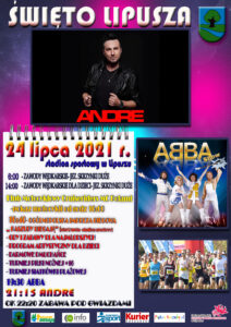 Plakat zapraszający do udziału w Święcie Lipusza, tło jest fioletowo-granatowe, u góry jest nazwa wydarzenia, artysta grający na scenie, na środku jest program, po prawej są zdjęcia ABBA Show i biegaczy, na dole są patroni wydarzenia