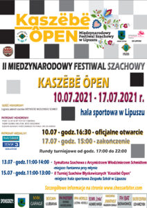 Plakat zapraszający na II Międzynarodowy Festiwal Szachowy Kaszebe Open, tło jest białe z elementami czarnymi i szarymi, u góry jest logo turnieju i patroni, niżej jest nazwa, data, miejsce i godziny, na dole jest program i sponsorzy wydarzenia