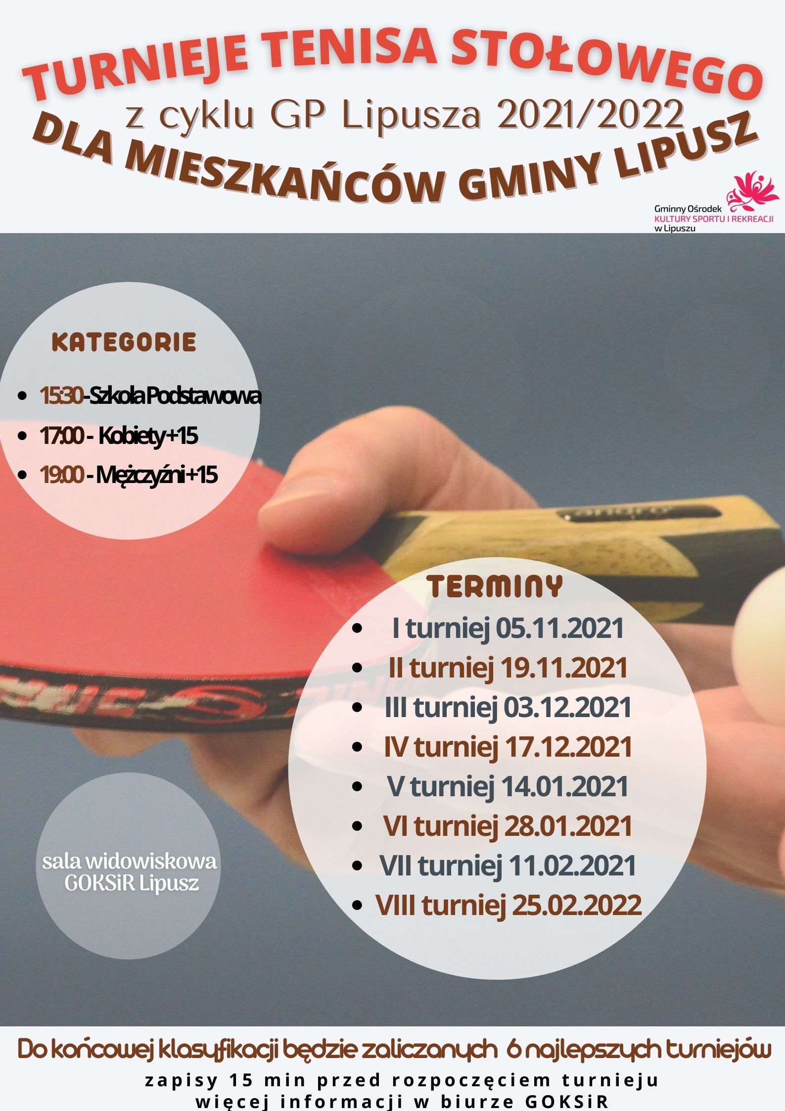 plakat Turnieje Tenisa Stołowego z cyklu GP Lipusza 2021/2022 dla mieszkańców Gminy Lipusz Kategorie Szkoła Podstawowa, Kobiety+15, Mężczyźni+15