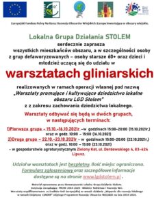 Plakat zapraszający do udziału w warsztatach gliniarskich, u góry są patroni, niżej tekst zaproszeniowy, na środku terminy warsztatów i informacje dodatkowe, tło jest białe