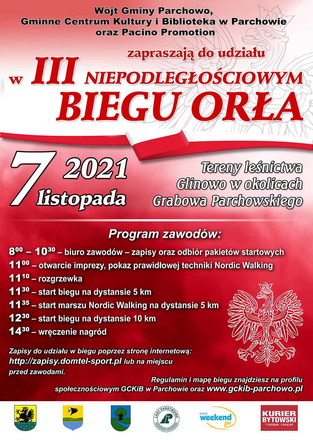 Plakat trzeci Niepodległościowy Bieg Orła 7 listopada 2021