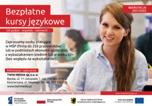 Plakat zapraszający do udziału w kursach językowych, tłem jest zdjęcie kobiety, na dole patroni kursów, po lewej informacje, na plakacie dominuje kolor czerwony