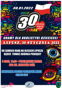 Plakat 30 Finału WOŚP, tło jest granatowe z elementami wszystko kolorowymi, u góry jest logo Finału, i data, na dole jest program i loga patronów