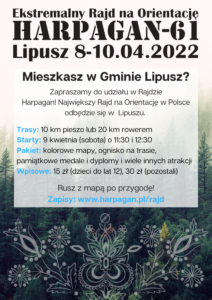 Plakat zapraszający do udziału w harpaganie, tło przedstawia las, u góry nazwa wydarzenia, na środku informacje