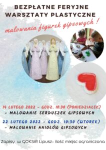 Plakat zachęcający do udziału w warsztatach plastycznych, tło jesy białe i zawiera element wielokolorowy, u góry jest nazwa warsztatów, na środku są zdjęcia figur gipsowych, na dole są terminy warsztatów i informacja o zapisach