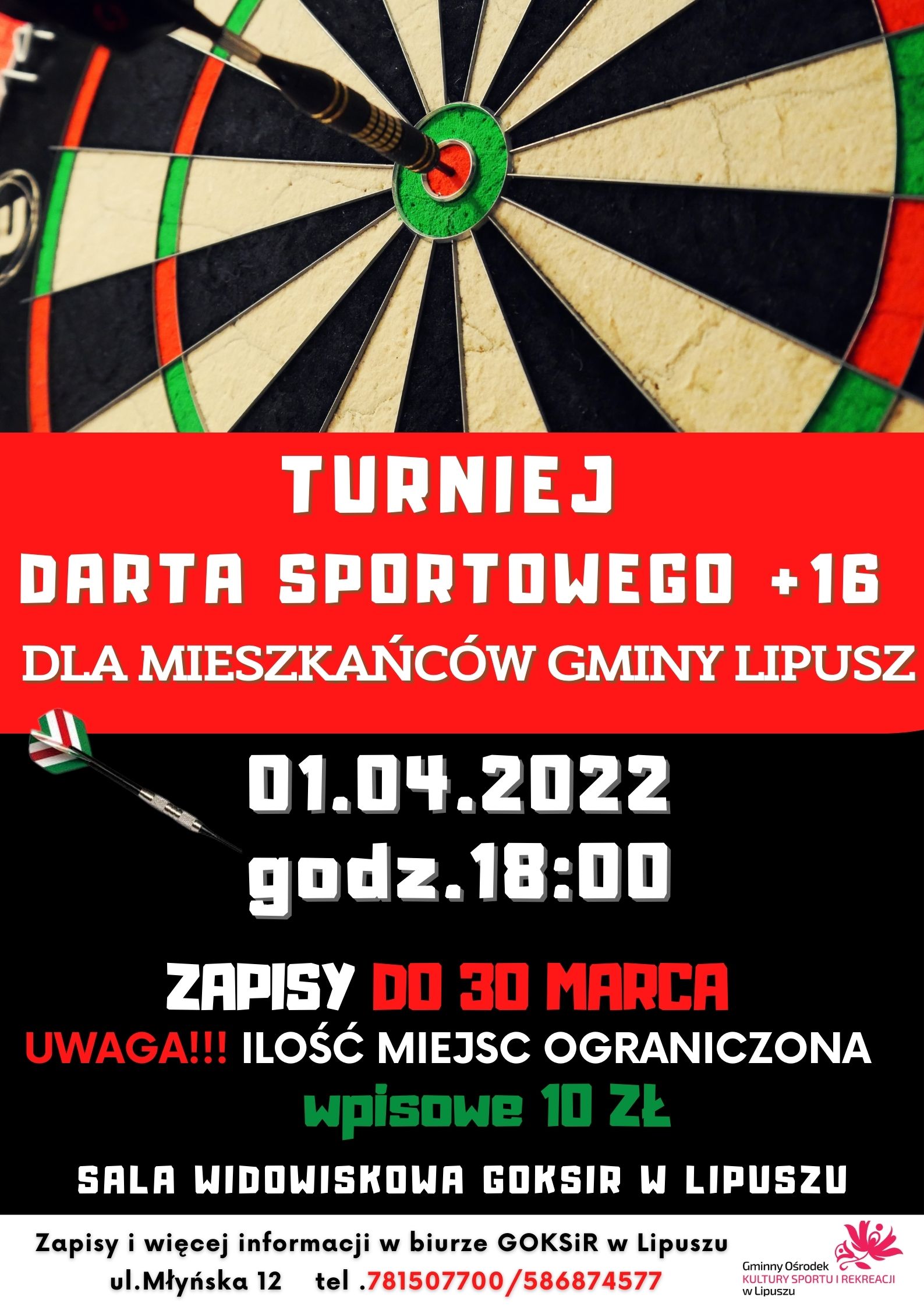 Plakat Turnieju w darta sportowego dla mieszkańców gminy Lipusz