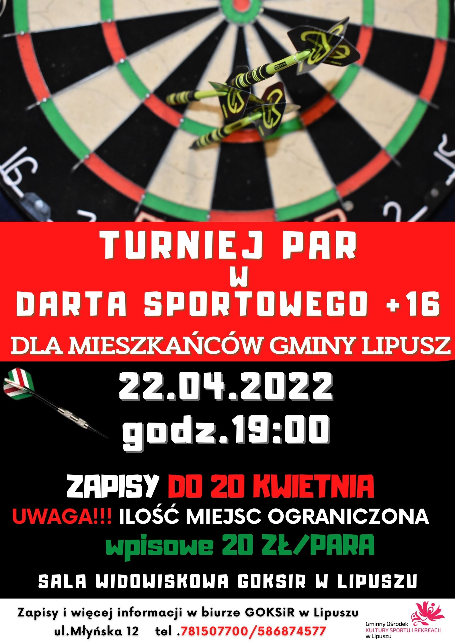 Plakat ''Turniej Par w darta sportowego" dla mieszkańców gminy Lipusz