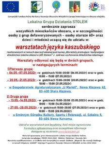 Plakat zapraszający do udziału w warsztatach języka kaszubskiego, u góry są patroni, niżej tekst zaproszeniowy, na środku terminy warsztatów i informacje dodatkowe, tło jest białe