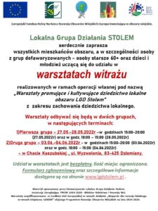 Plakat zapraszający do udziału w warsztatach witrażu, u góry są patroni, niżej tekst zaproszeniowy, na środku terminy warsztatów i informacje dodatkowe, tło jest białe