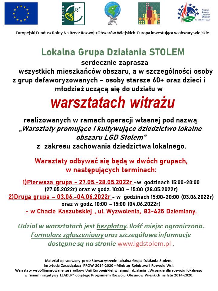 Plakat Lokalnej Grupy Działania STOLEM z informacjami o warsztatach witrażu