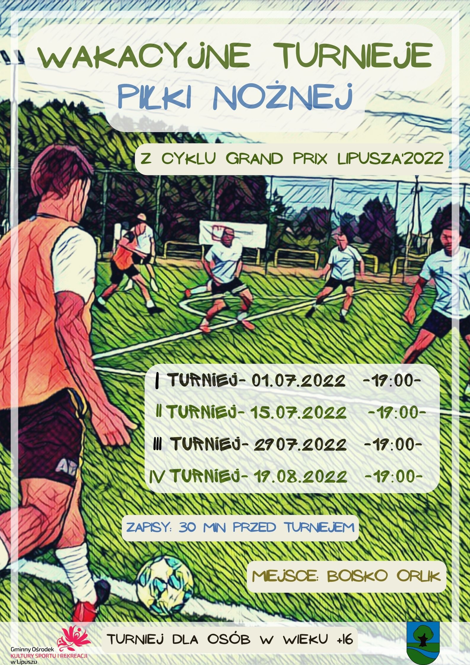 plakat z informacją o wakacyjnych turniejach piłki nożnej