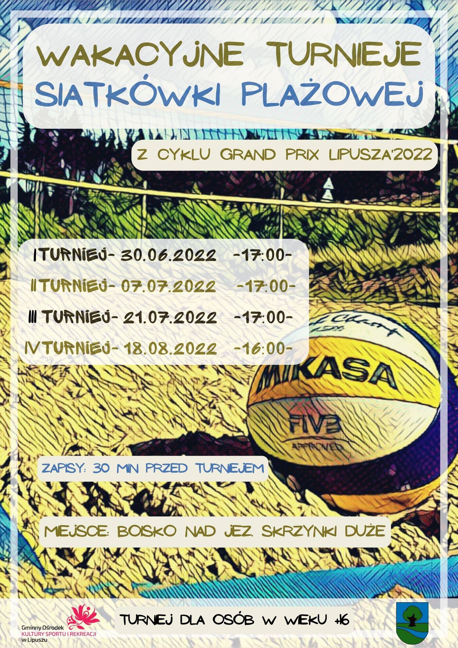 plakat z informacją o wakacyjnych turniejach siatkówki plażowej