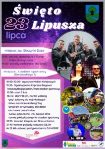 plakat zachęcający do udziału w Święcie Lipusza, tło jest fioletowo-granatowe, u góry jest nazwa wydarzenia i herb Gminy Lipusz, po prawej są zdjęcia, po lewej jest program, miejsce i godziny wydarzeń, na dole po prawej są patroni wydarzenia