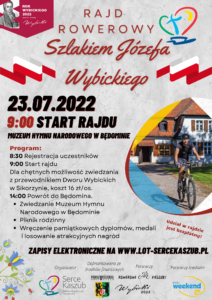 plakat informujący o rajdzie rowerowym, tło jest białe, u góry jest nazwa rajdu, logo i flagi Polski, na środku jest program rajdu i zdjęcie rowerzysty, na dole są patroni wydarzenia