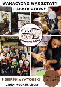 Plakat zapraszający do udziału w warsztatach czekoladowych, tłem są zdjęcia z warsztatów, u góry jest nazwa warsztatów, na środku logo czekoladowy autobus, na dole jest data, koszt, i informacja o zapisach