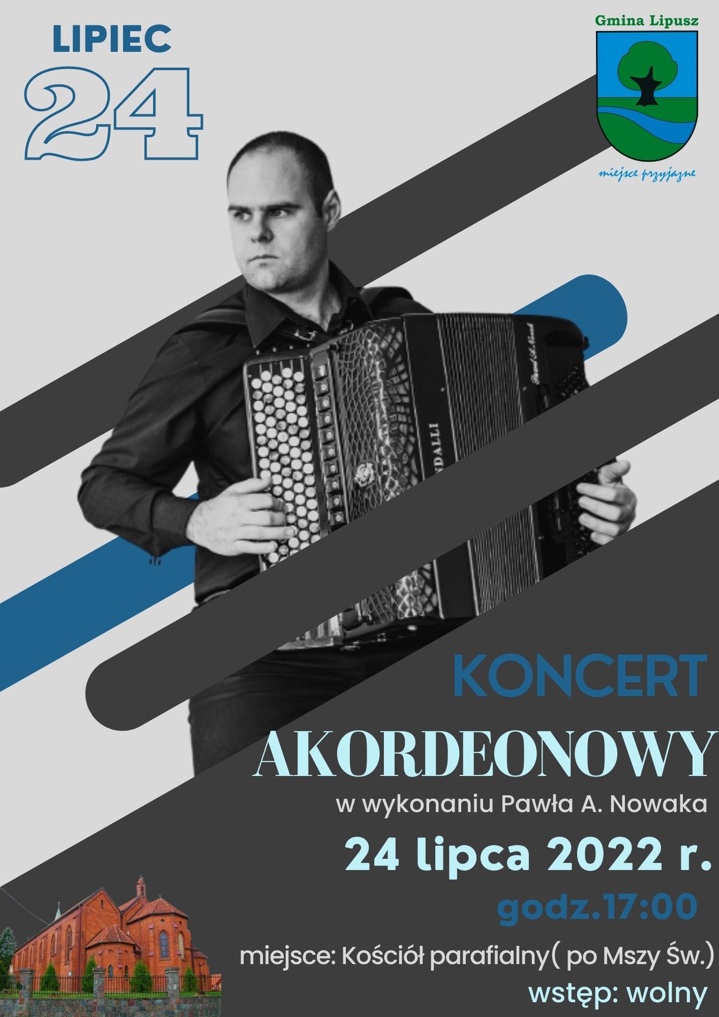 plakat z informacją o koncercie akordeonowym w wykonaniu Pawła A. Nowaka