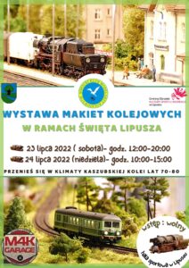 Plakat zachęcający do udziału w wystawie makiet kolejowych, tło jest biała a na górze i na dole są zdjęcia makiet, na środku są loga GOKSiR, Sopockiego Klubu Modelarzy i herb Gminy Lipusz, pod tym jest nazwa wystawy, daty jej zwiedzania.