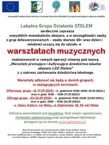 Plakat zapraszający do udziału w warsztatach muzycznych, u góry są patroni, niżej tekst zaproszeniowy, na środku terminy warsztatów i informacje dodatkowe, tło jest białe