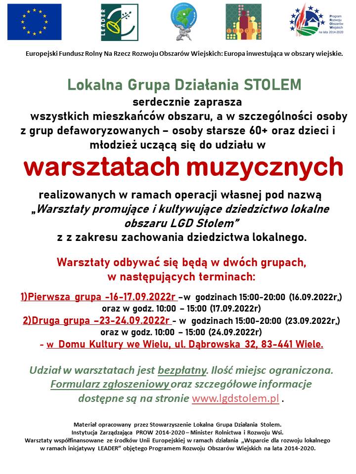 plakat Lokalnej Grupy Działania STOLEM z informacją o warsztatach muzycznych
