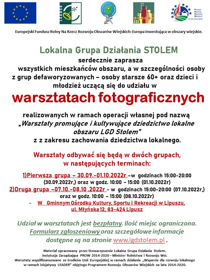 plakat z informacją o Lokalnej Grupie Działania STOLEM o warsztatach fotograficznych