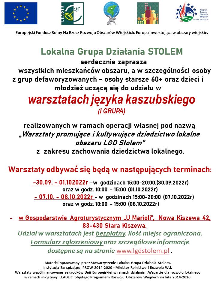 plakat z informacją o Lokalnej Grupie Działania STOLEM o warsztatach z języka kaszubskiego