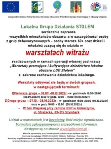 Plakat zapraszający do udziału w warsztatach witrażu, u góry są patroni, niżej tekst zaproszeniowy, na środku terminy warsztatów i informacje dodatkowe, tło jest białe