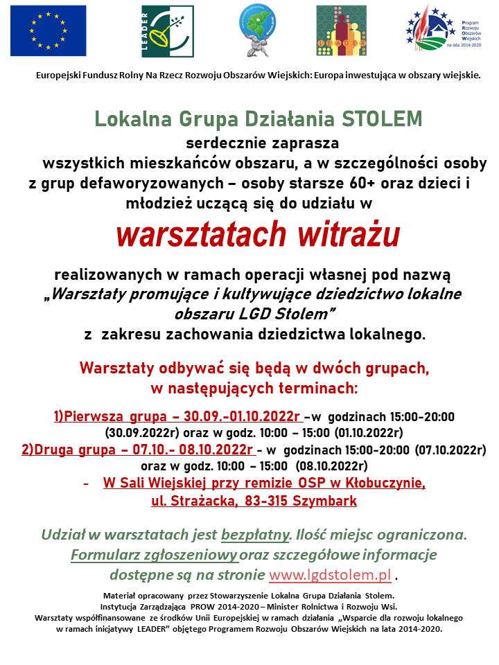 plakat z informacją o Lokalnej Grupie Działania STOLEM o warsztatach witrażu
