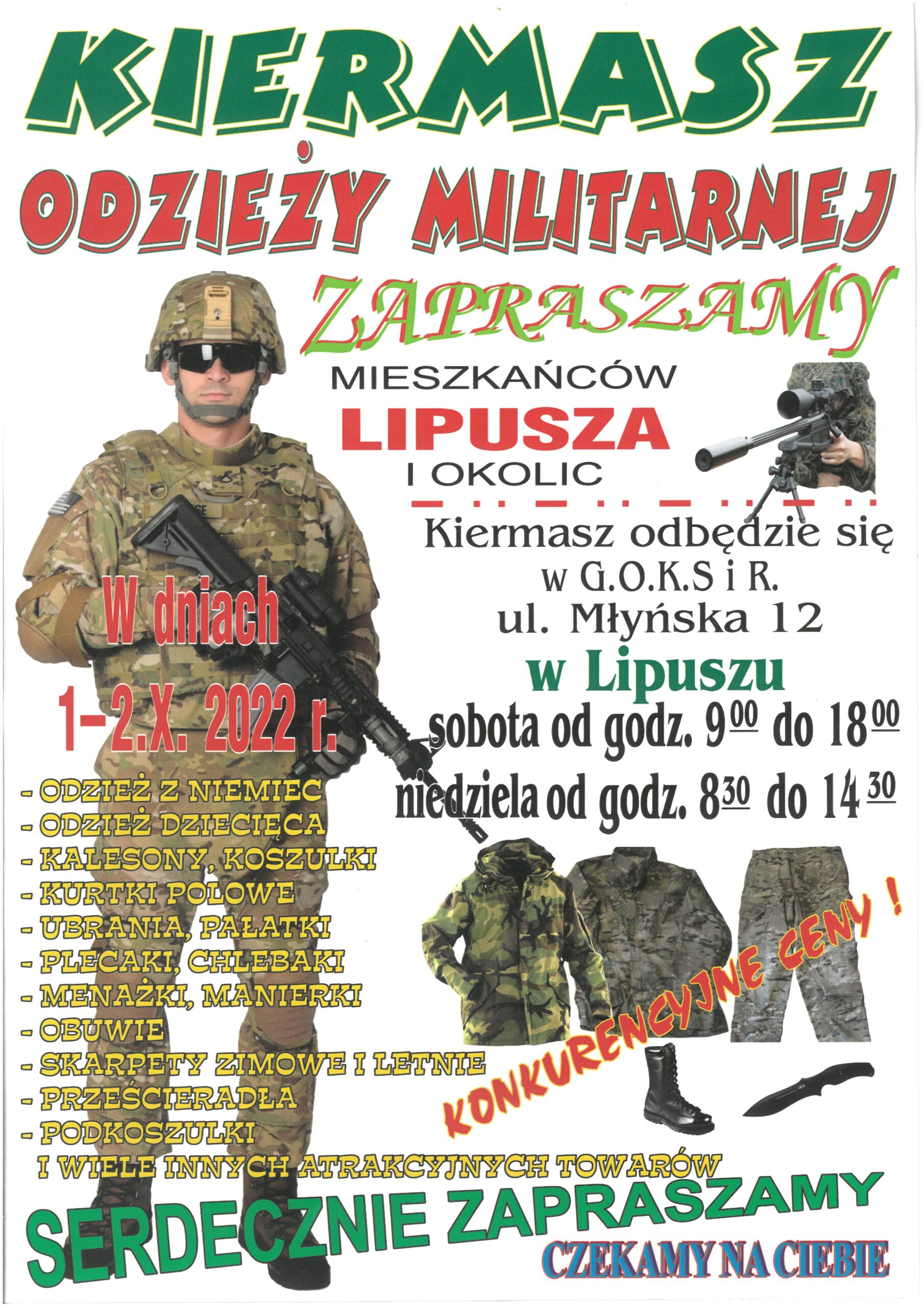 plakat z informacją o kiermaszu odzieży militarnej w GOKSiR Lipusz