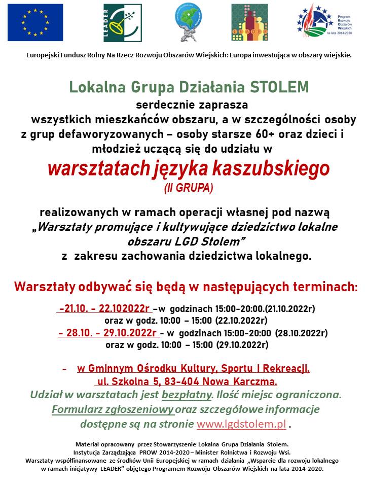 plakat z informacją o Lokalnej Grupie Działania STOLEM o warsztatach z języka kaszubskiego