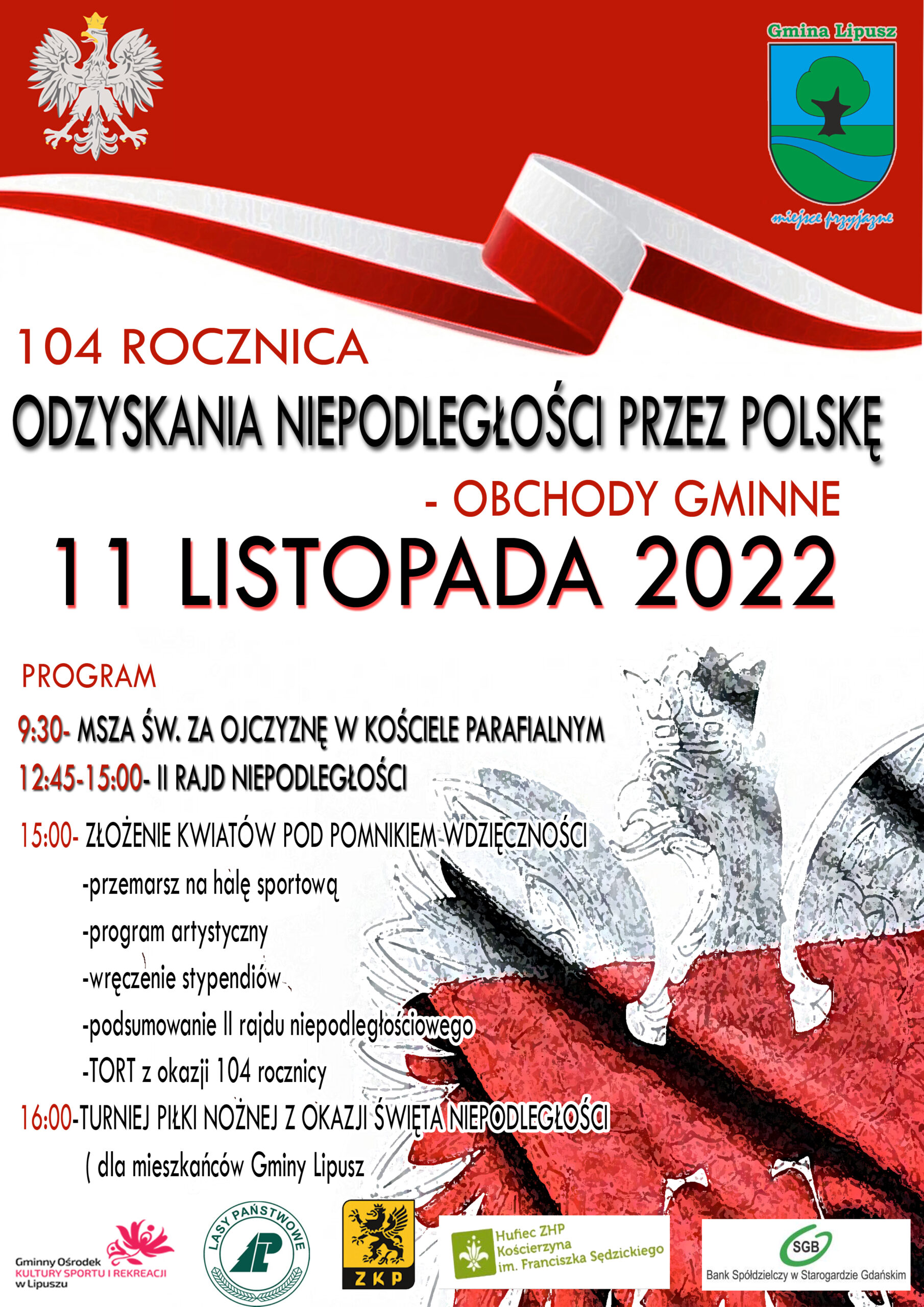 plakat z informacją o 104 rocznicy odzyskania niepodległości przez Polskę - obchody gminne