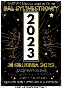 plakat zapraszający na bal sylwestrowy, tło jest czarne ze złoto-srebrnymi elementami, u góry jest tekst zapraszający, na środku rok i 2 lampki szampana, na dole data, godzina i miejsce wydarzenia, koszt i zapisy
