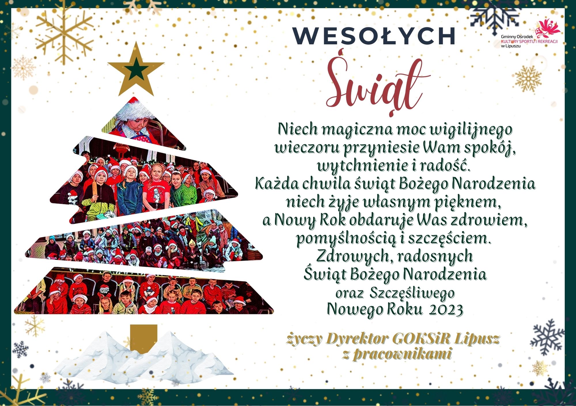 kartka z życzeniami z okazji Świąt Bożonarodzeniowych od Dyrektora GOKSiR Lipusz oraz pracowników