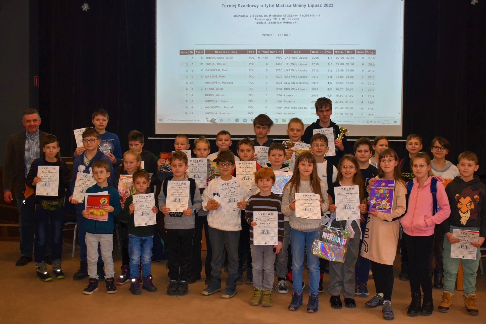zdjęcie grupy wszystkich uczestników turnieju szachowego o tytuł Mistrza Gminy Lipusz 2023 wraz z nagrodami i medalami