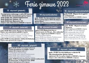 plakat z programem imprez i zajęć organizowanych w gminie Lipusz w okresie ferii zimowych, tło jest zimowe nawiązujące do śniegu