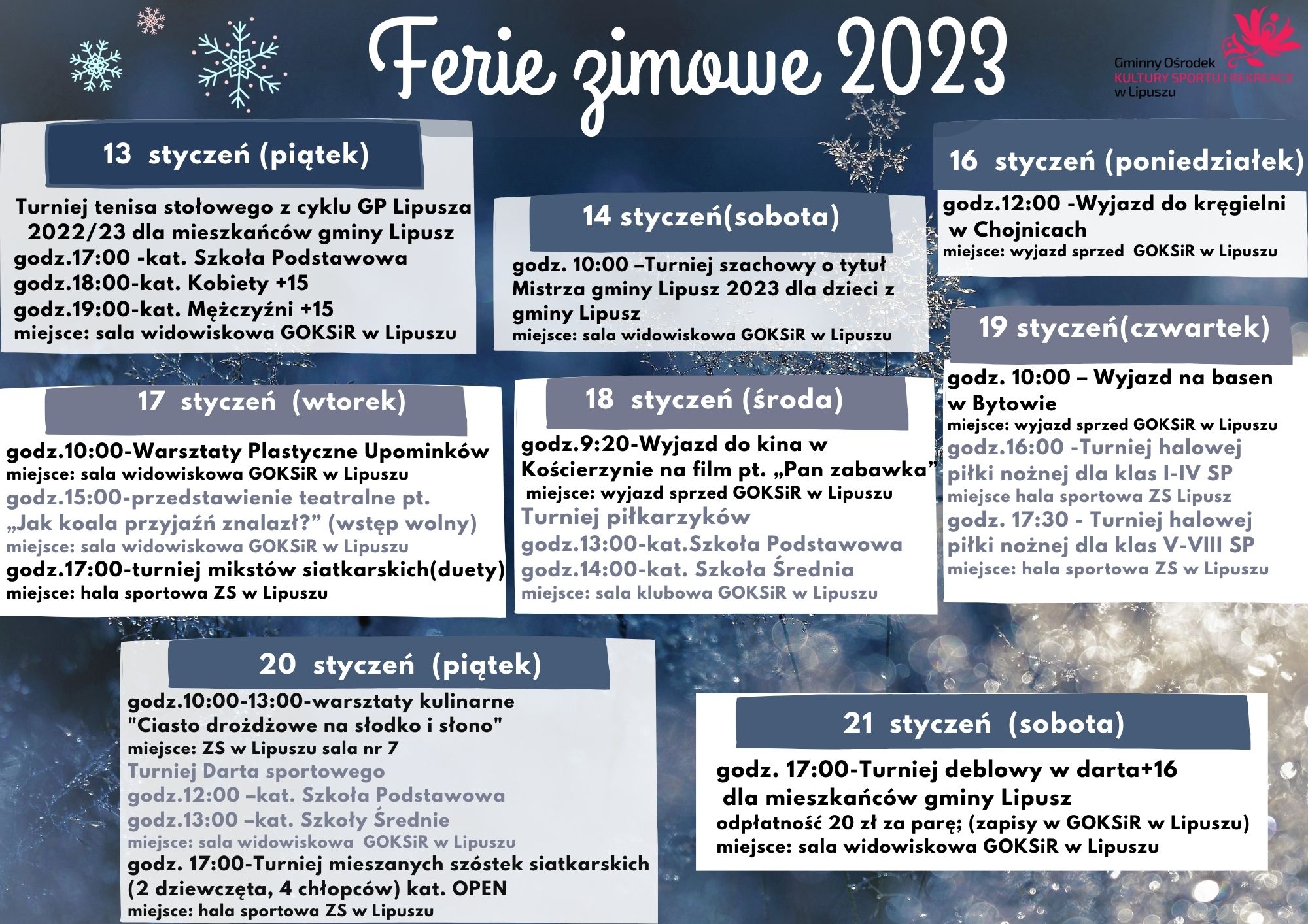 plakat z programem imprez i zajęć organizowanych w gminie Lipusz w okresie ferii zimowych