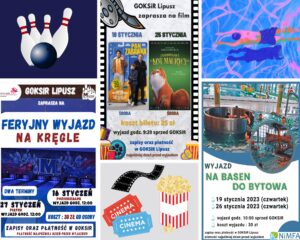 plakat z informacjami o wydarzeniach planowanych przez GOKSiR podczas Ferii zimowych 2023