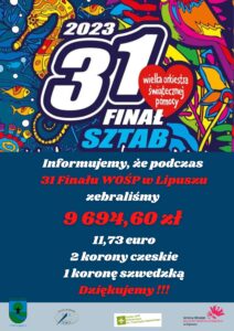 Plakat w kolorystyce kolorowej, głównie niebieskiej informujący o zebranej kwocie w sztabie w Lipuszu podczas 31 finału Wielkiej Orkiestry Świątecznej Pomocy, na dole patroni wydarzenia