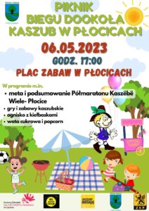 Plakat zapraszający do udziału w pikniku, tło przedstawia polane z różnymi postaciami na nim, w lewym górnym rogu jest herb Gminy Lipusz, na środku jest nazwa wydarzenia, czas, godzina i miejsce, na środku jest program a na dole patroni