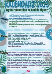 Plakat opisujący wydarzenia w wakacje, tło jest niebieskie z elementami roślin, na dole są loga GOKSiR, Gminy Lipusz i Lasów Państwowych
