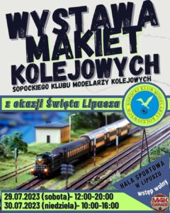 Plakat zachęcający do udziału w wystawie makiet kolejowych, kolorystyka tła jest fioletowo, białą z elementami zielonymi, na dole widać zdjęcie modelu pociągu, w prawy dolnym rogu znajduje się logo M4K Garage a na srodku logo Sopockiego Klubu Modelarzy, na górzą jest informacja o nazwie, na dole podane są daty, godziny, miejsce i cena wydarzenia