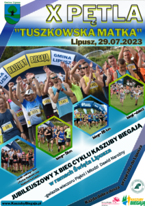 Plakat zachęcający do udziału w biegu, tło jest niebieskie i białe, w lewym górnym rogu jest herb Gminy Lipusz, obok nazwa wydarzenia, po środku są zdjęcia z poprzednich edycji biegu, na dole jest termin, miejsce, kategorie, godzina startu biegu, na dole po prawej są patroni wydarzenia