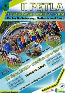 Plakat zachęcający do udziału w biegu, tło jest niebieskie i białe, w lewym górnym rogu jest herb Gminy Lipusz, obok nazwa wydarzenia, po środku są zdjęcia z poprzednich edycji biegu, na dole jest termin, miejsce, kategorie, godzina startu biegu, na dole po prawej są patroni wydarzenia