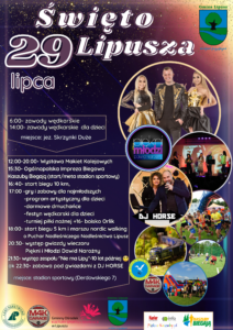 Plakat zachęcający do udziału w Święcie Lipusza, tło jest w kolorach niebiesko-fioletowych nawiązujące do kosmosu, u góry po prawej jest herb Gminy Lipusz, obok nazwa wydarzenia, po prawej stronie plakatu są zdjęcia nawiązujące do tego dnia a po lewej jest program dnia, na dole są patroni wydarzenia